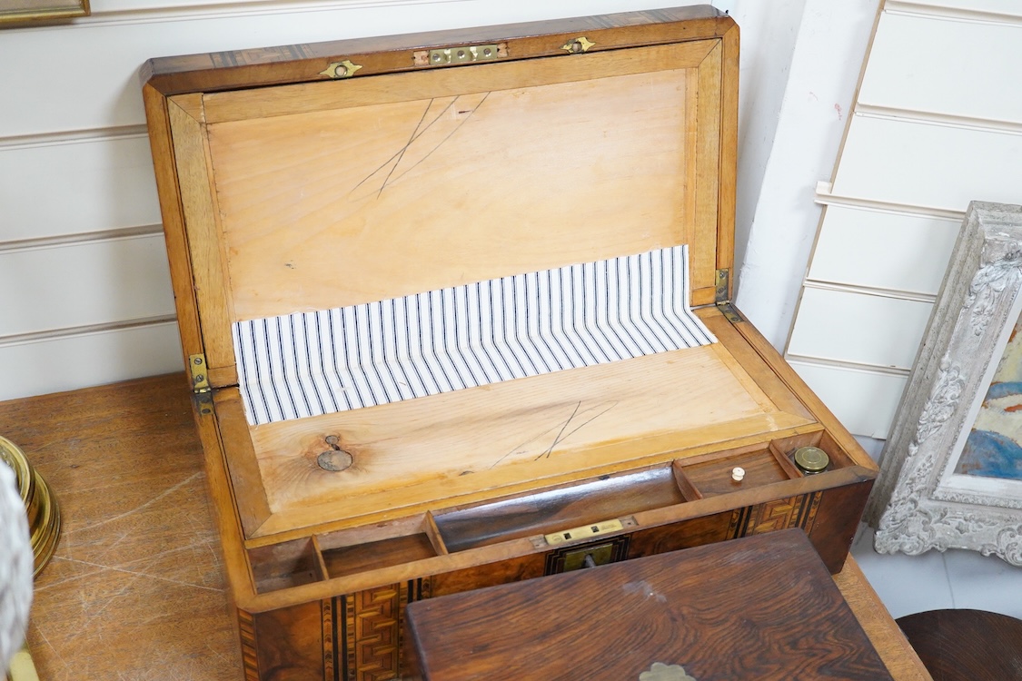 Two Victorian bandwork writing slopes and another rosewood box, one with key, largest 50cm wide